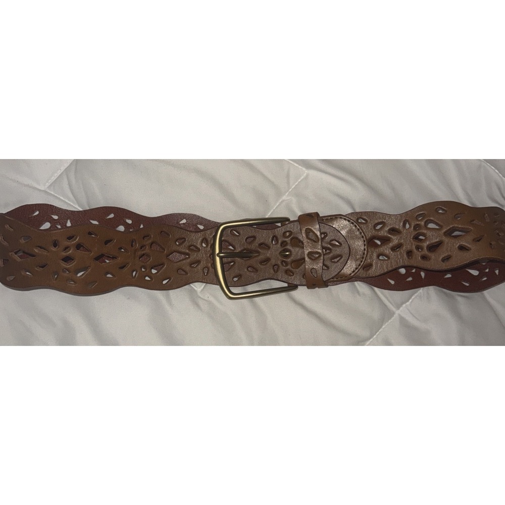 Linea Belle Sz M Leather Perforated Waist Belt Brass Buckle Boho Hippie Western